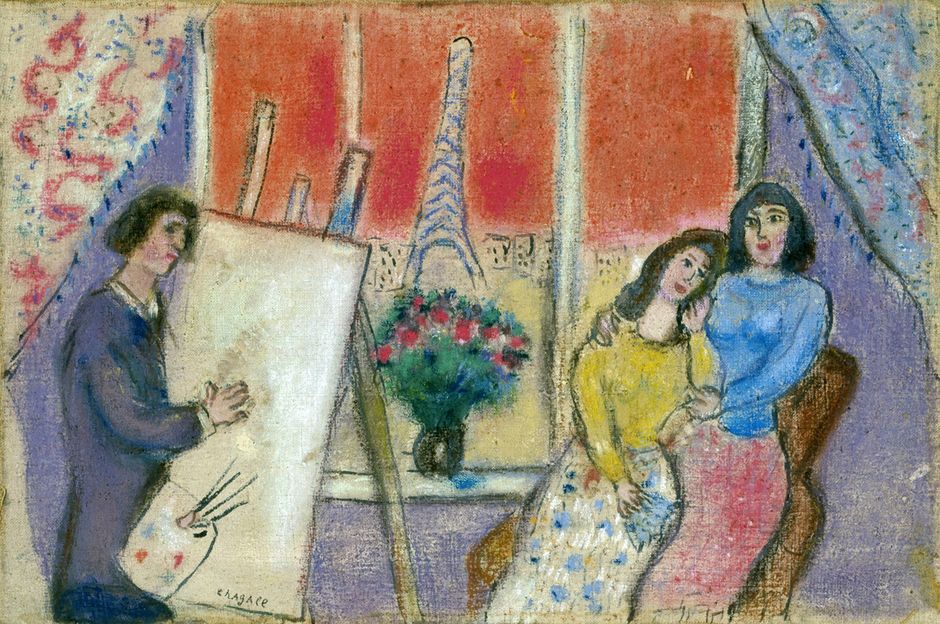 Marc Chagall (1887-1985)- Le Peintre, Ida et Bella ou Le Peintre et la famille, 1928-1929 - Pastel sur toile, 26,5 x 40 cm - Collection particulière © ADAGP, Paris, 2020 (See the caption hereafter)