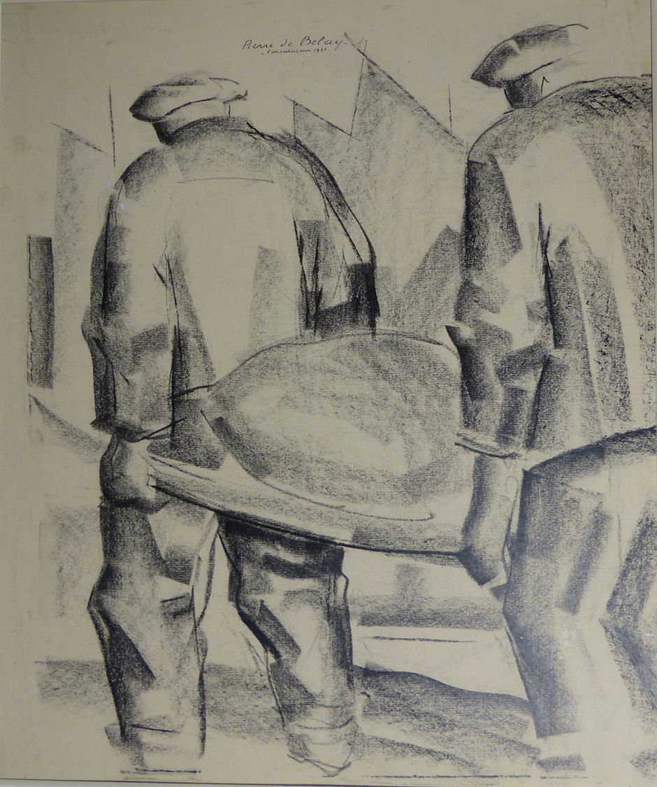 Pierre de Belay (1890-1947) -"Le Chargement du bateau", 1924 - Dessin au crayon gras sur papier contrecollé sur cartonnette, 57 x 47.8 cm - Musée des beaux-arts de Quimper (Voir légende ci-après)