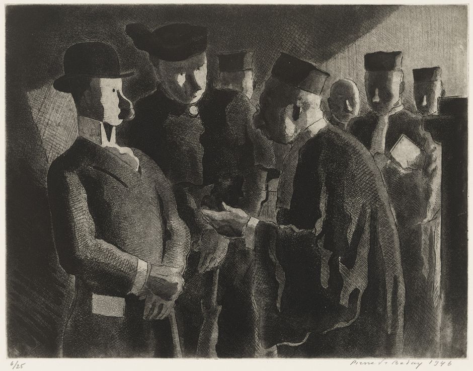 Pierre de Belay (1890-1947), "Les Clients de province", 1946 - Gravure sur papier, 38 x 56.3 cm - Musée des beaux-arts de Quimper © Frédéric Harster (Voir légende ci-après)