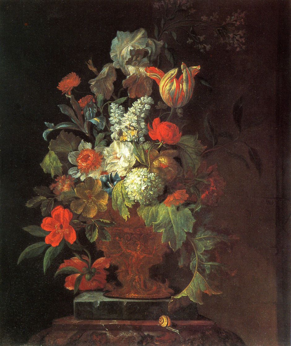 Justus van Huysum I (1659-1716) - "Bouquet de fleurs dans un vase sur un socle en marbre", fin du XVIIe siècle - Huile sur toile, 72 x 61 cm - Musée des beaux-arts de Quimper © Musée des beaux-arts de Quimper (Voir légende ci-après)