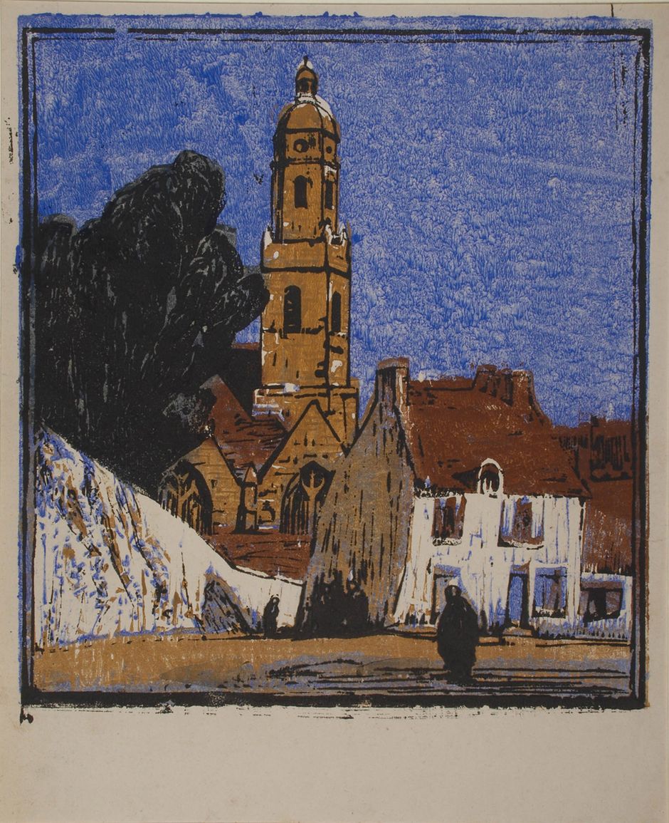 Henri Marret (1913-1964) - "L'Eglise du Croisic", XXe siècle - Bois gravé en couleur sur papier, 50 x 41,7 cm - Musée des beaux-arts de Quimper (Voir légende ci-après)