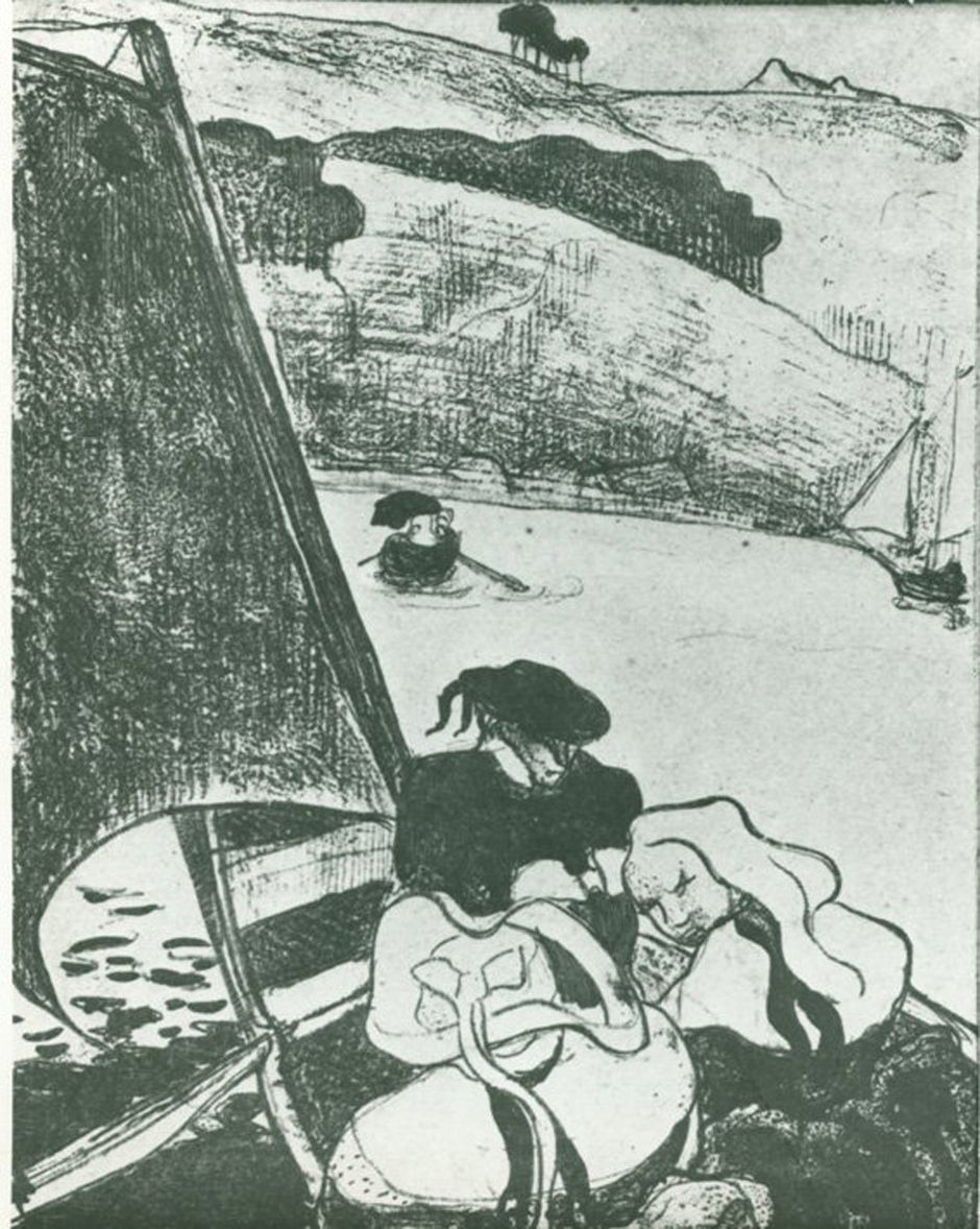 Emile Bernard (1868-1941) - Bretonnerie : Bretons en barque sur l’Aven, vers 1888-1889 - zincographie - Dépôt du musée d'Orsay au musée des beaux-arts de Quimper © Musée des beaux-arts de Quimper (Voir légende ci-après)