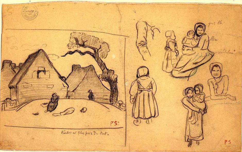 Paul Sérusier (1864-1927) - Bretonnes, paysage (double face), vers 1892-1893 - Crayon sur papier, 27.8 x 45 cm - Musée des beaux-arts de Quimper © Musée des beaux-arts de Quimper (Voir légende ci-après)
