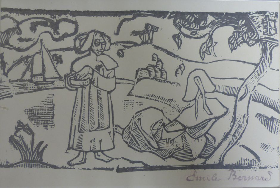 Emile Bernard (1868-1941) -"Bretonnes ramassant des pommes au bord de l'Aven", fin du 19e siècle - Bois gravé, 21 x 29.5 cm - Musée des beaux-arts de Quimper (Voir légende ci-après)