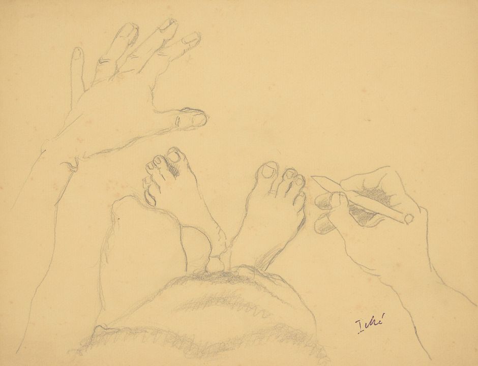 René Iché (1897-1954) - "Autoportrait en vue subjective", vers 1932 - Crayon sur papier, 26 x 33 cm - Collection privée © Alain Leprince / ADAGP, Paris, 2023 (Voir légende ci-après)