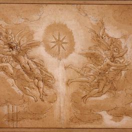Nicole dell'Abate, "Groupe d'anges", vers 1555, dessin à la plume et encre brune, lavis brun avec rehauts de gouache blanche sur papier
