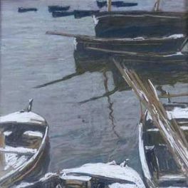 Charles-Henry Fromuth Un décor de neige, bateaux désarmés