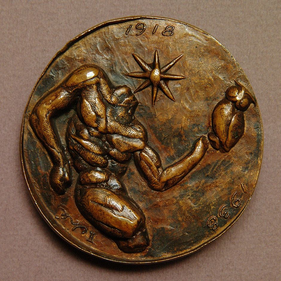 René Iché (1897-1954) - "Joë Bousquet", 1938 - Médaille biface, bronze (fonte atelier Iché), diam. 9 cm, épaisseur 2.5 cm - Collection familiale de l'artiste © Alain Leprince / ADAGP, Paris, 2023 (Voir légende ci-après)