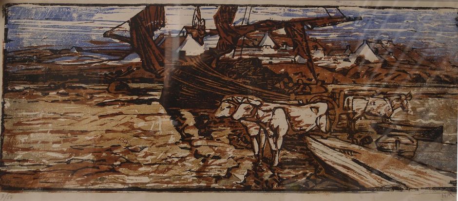 Henri Marret (1913-1964) - "Bateau et bœufs en Bretagne à marée basse", 1920 - Bois gravé en couleur sur papier, 25 x 65 cm - Musée des beaux-arts de Quimper (Voir légende ci-après)