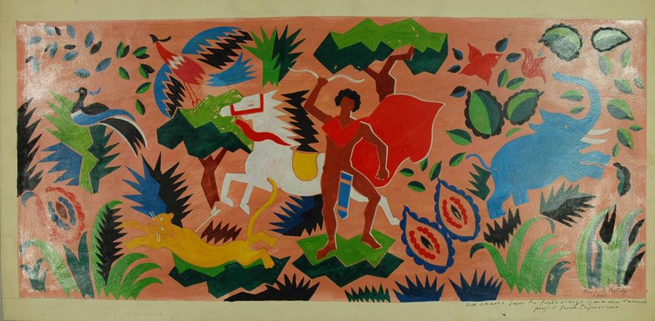 Pierre de Belay (1890-1947) - "Projet de tapisserie : La chasse dans la forêt vierge", 1947 - Gouache sur papier contrecollée sur cartonnette, 28 x 56,5 cm - Musée des beaux-arts de Quimper (Voir légende ci-après)