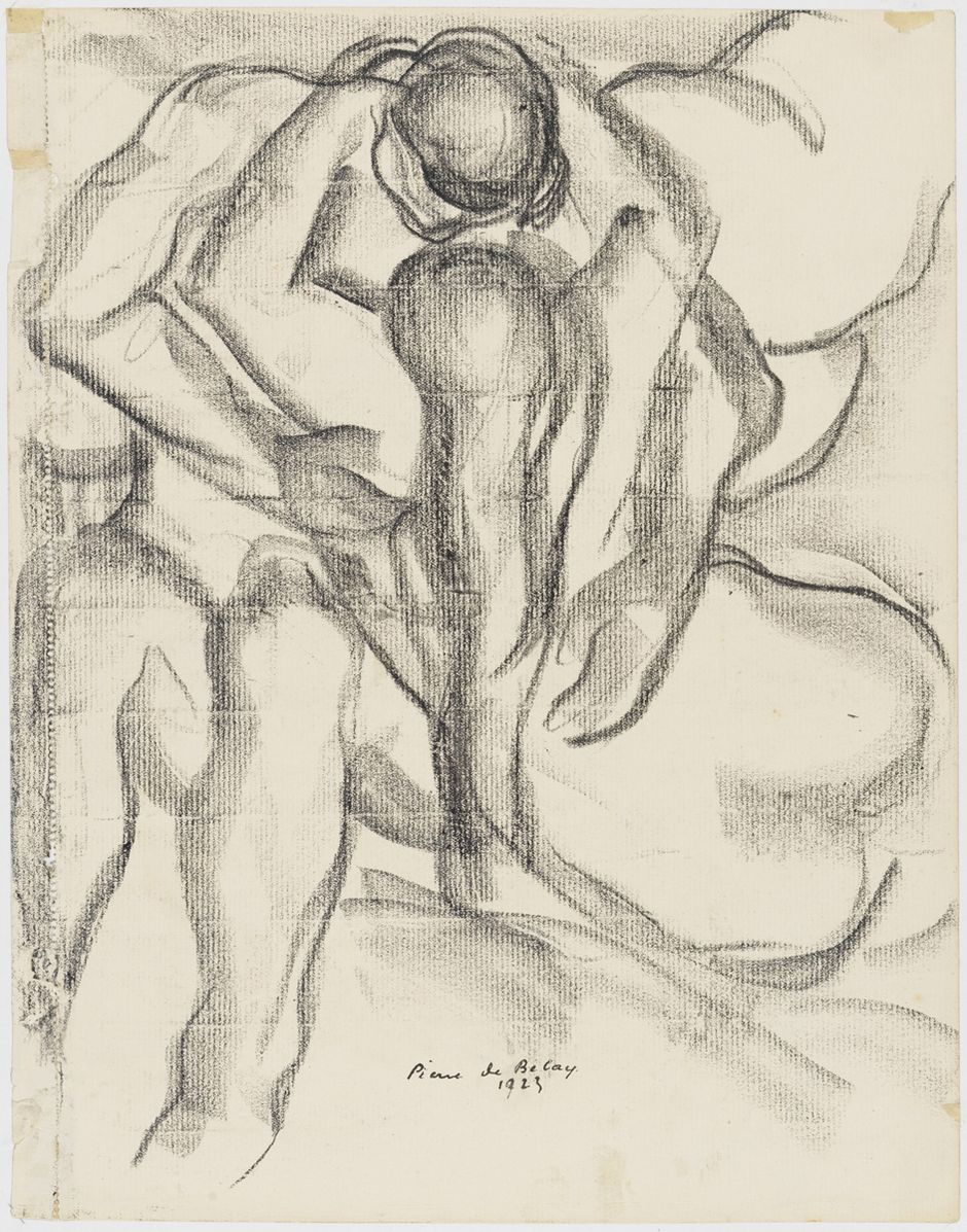 Pierre de Belay (1890-1947) -"Le Baiser", 1919 - Dessin au crayon sur papier contrecollé sur cartonnette, 29.8 x 23.3 cm - Musée des beaux-arts de Quimper © Frédéric Harster (Voir légende ci-après)