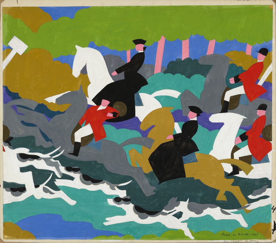 Pierre de Belay (1890-1947) -"Projet de tapisserie : la chasse à courre", 1947 - Gouache vernie sur carton, 45.3 x 52.5 cm - Musée des beaux-arts de Quimper © Frédéric Harster (Voir légende ci-après)