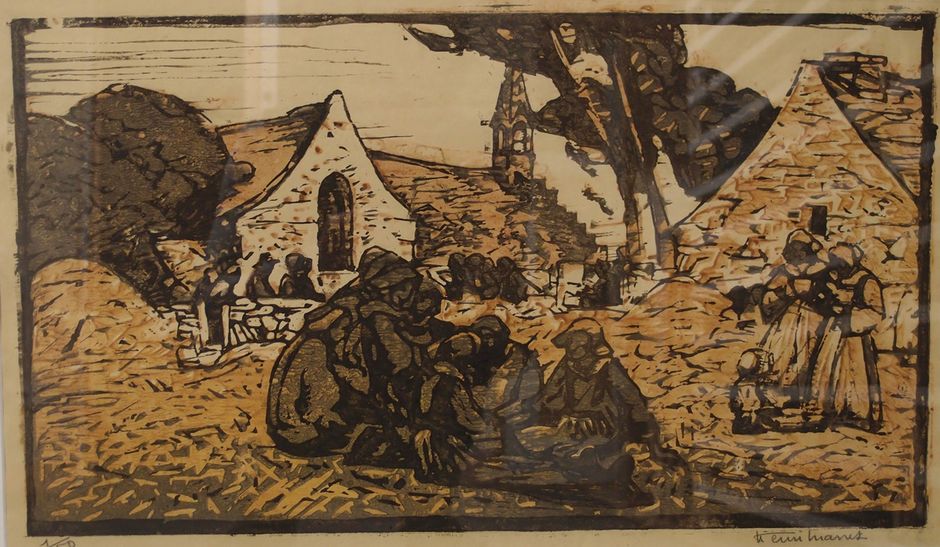 Henri Marret (1913-1964) - "La Chapelle de Trémorvézen", XXe siècle - Bois gravé en couleur sur papier, 30 x 51 cm - Musée des beaux-arts de Quimper (Voir légende ci-après)