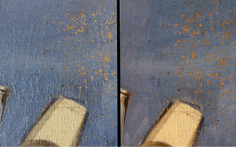 Refixage des soulèvements picturaux pour le transport : avant/après © Gwenola Corbin (Voir légende ci-après)