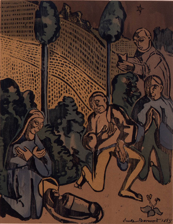 Emile Bernard (1868-1941) - "L’Adoration des bergers", 1889 - Gravure sur bois en couleur, 28,9 x 22,5 cm - musée des beaux-arts de Quimper © musée des beaux-arts de Quimper (Voir légende ci-après)