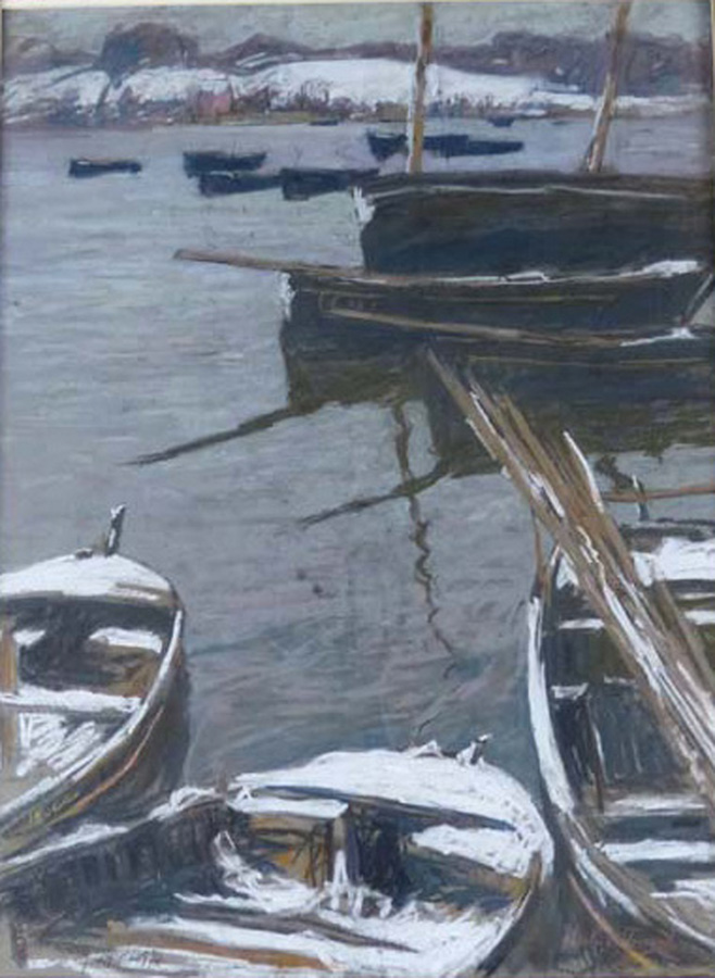 Charles Henry Fromuth (1866-1937) - Un décor de neige, bateaux désarmés, 1897 - Dessin au pastel sur papier monté sur carton, 59 x 44,7 cm - Musée des beaux-arts de Quimper © Musée des beaux-arts de Quimper (Voir légende ci-après)