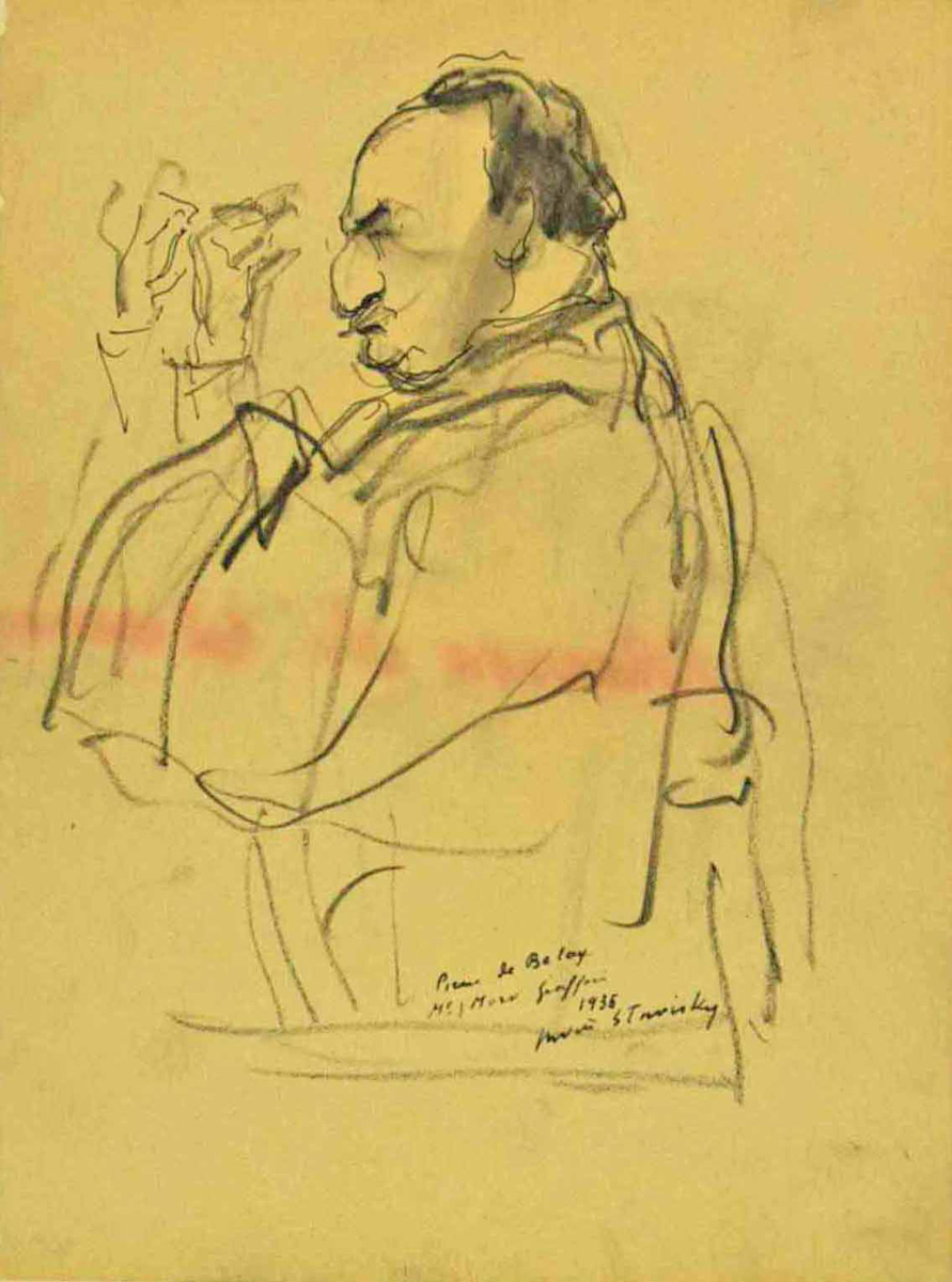Pierre de Belay (1890-1947) - "Le Procès Stavisky, maître Moro Giafferi", 1936 - Dessin au crayon gras et encre sur papier contrecollé sur cartonnette, 27 x 20,2 cm - Musée des beaux-arts de Quimper (Voir légende ci-après)