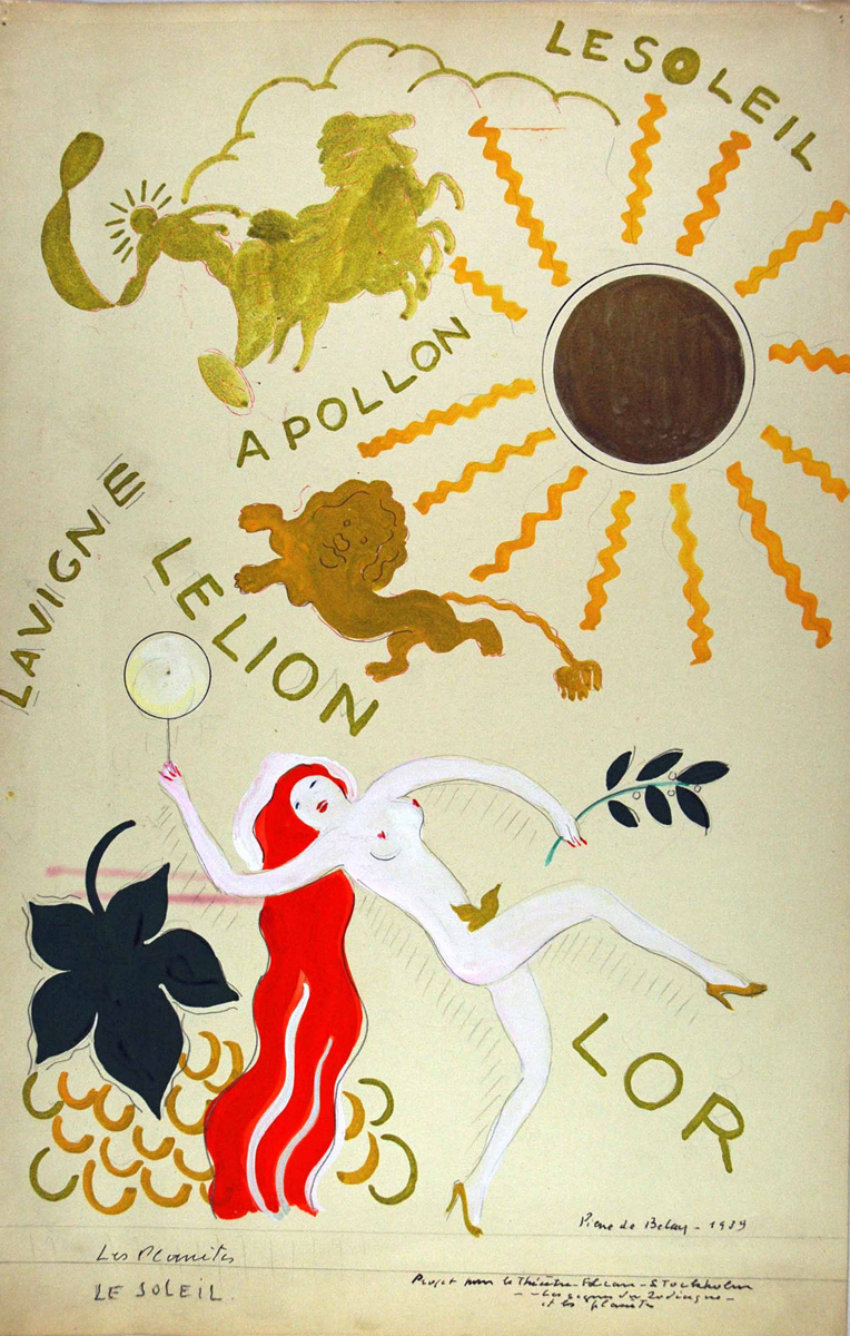 Pierre de Belay (1890-1947) - "Théâtre Folkan, Stockholm, projet pour la revue du théâtre, le soleil", 1939 - Dessin au crayon et gouache sur papier, 50 x 32,2 cm - Musée des beaux-arts de Quimper (Voir légende ci-après)