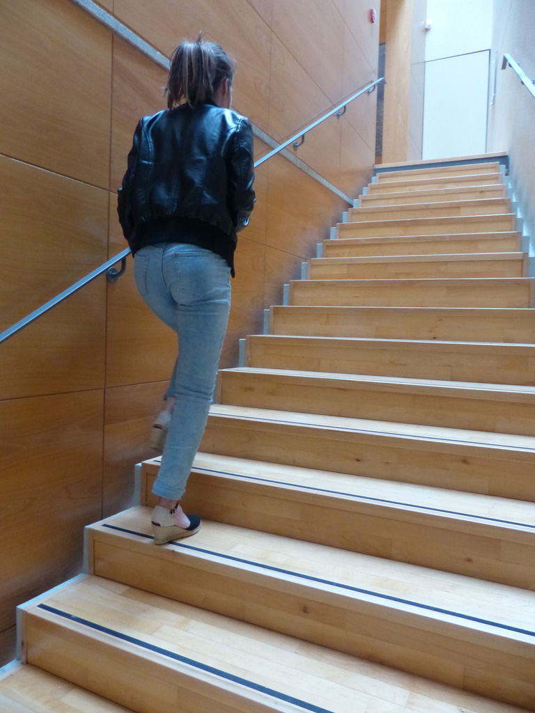 Escalier muni de rampes et aux marches contrastées (Voir légende ci-après)